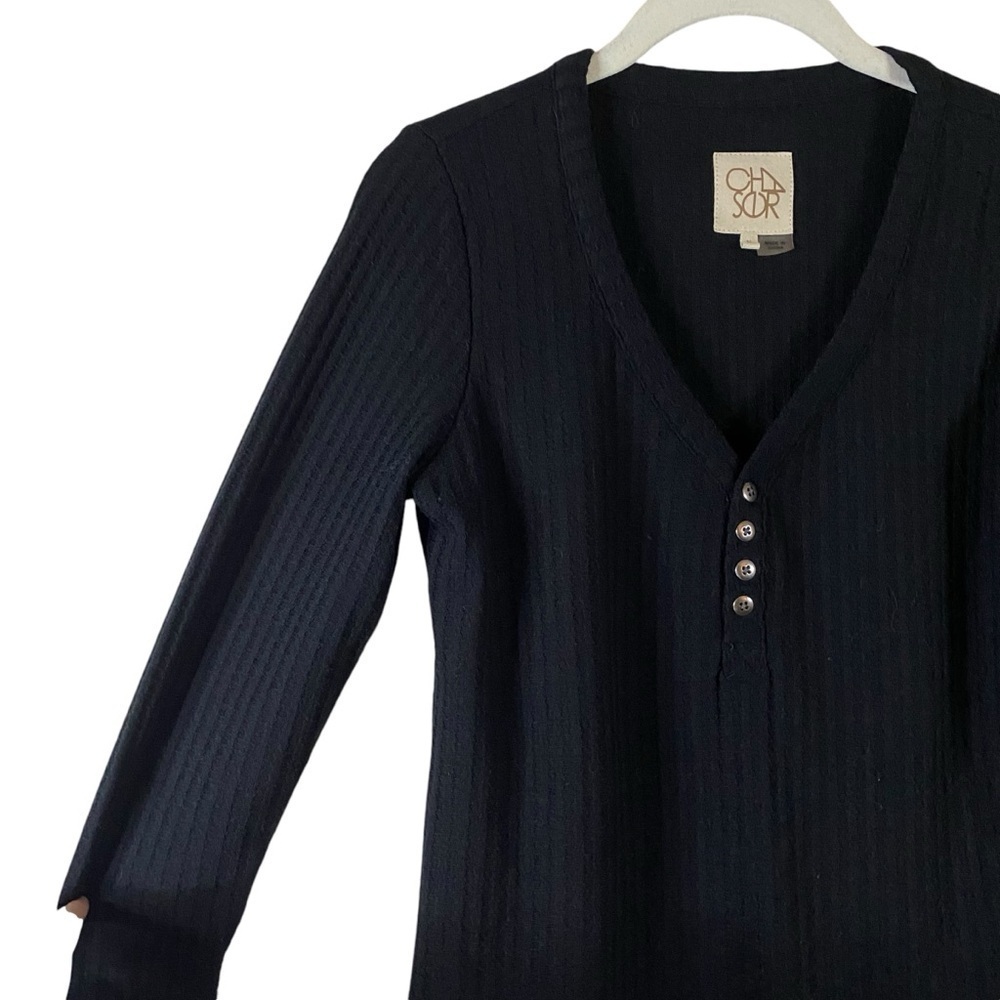 Chaser Women’s Waffle Knit Henley Shirt Top Black V-Neck Long Sleeve S Thermal - Picture 5 of 12